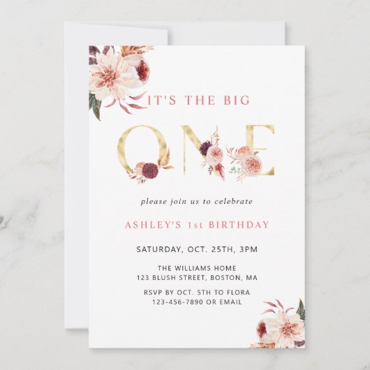 フローラ金ゴールドエレガントレターガールファースト誕生日 招待状 (正面)