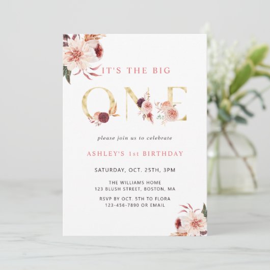 フローラ金ゴールドエレガントレターガールファースト誕生日 招待状 (スタンド正面)