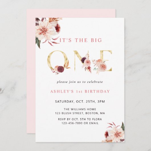 フローラ金ゴールドエレガントレターガールファースト誕生日 招待状 (正面/裏面)