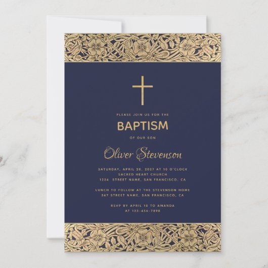 フローラ金ゴールドオンネイビーブルーボーイエレガントバプテスマ 招待状 (正面)