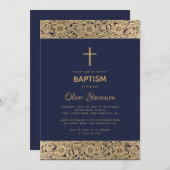 フローラ金ゴールドオンネイビーブルーボーイエレガントバプテスマ 招待状 (正面/裏面)