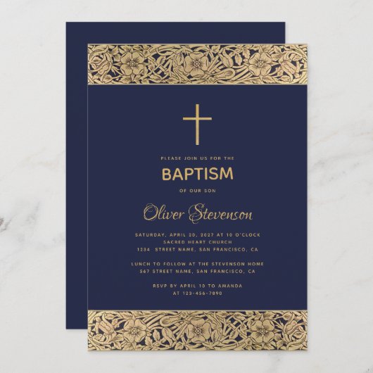 フローラ金ゴールドオンネイビーブルーボーイエレガントバプテスマ 招待状 (正面/裏面)