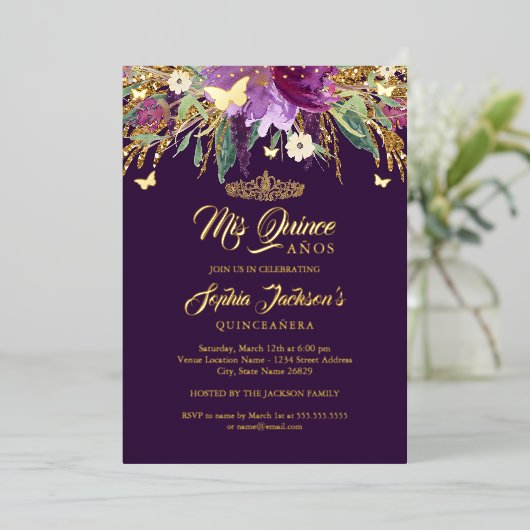 フローラ金ゴールドグリッターきらめくアメジストキンセアニェラ 箔招待状 (立ち正面)