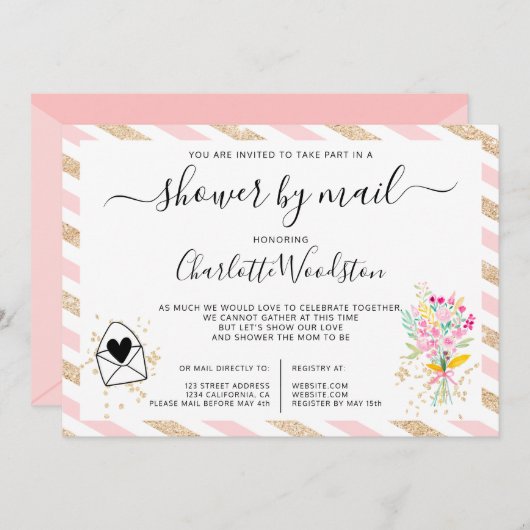 フローラ金ゴールドグリッターストライプベビーシャワー（郵便） 招待状 (正面/裏面)