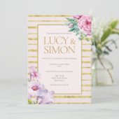 フローラ金ゴールドグリッターストライプ結婚式招待状 招待状 (スタンド正面)