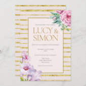 フローラ金ゴールドグリッターストライプ結婚式招待状 招待状 (正面/裏面)