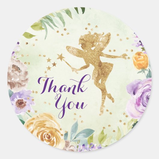 フローラ金ゴールドグリッターフェアリーありがとう誕生日 ラウンドシール (正面)