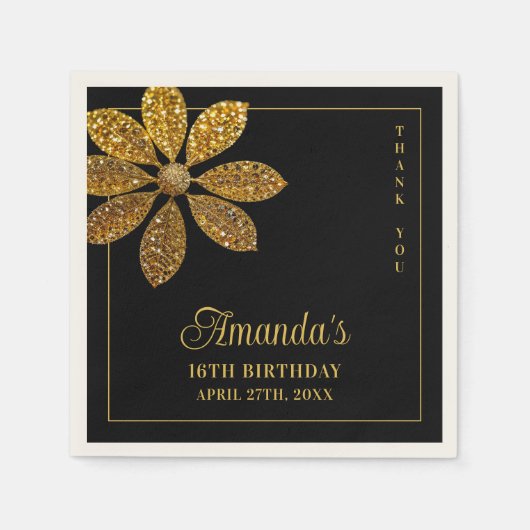 フローラ金ゴールドグリッターフラワースウィート16誕生日 スタンダードカクテルナプキン (正面)