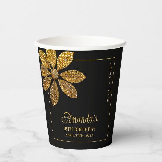 フローラ金ゴールドグリッターフラワースウィート16誕生日 紙コップ (正面)