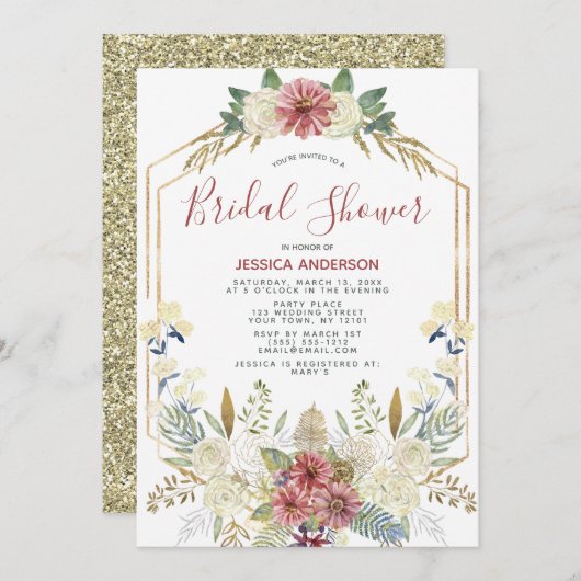 フローラ金ゴールドグリッター幾何ブライダルシャワー 招待状 (正面/裏面)