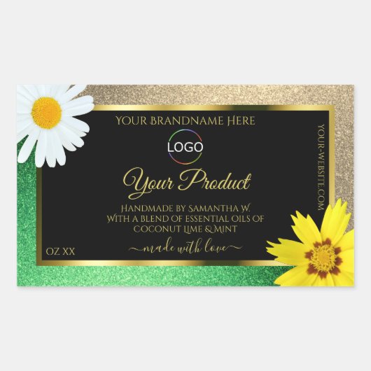 フローラ金ゴールドグリーングリッターブラック製品ラベルロゴ 長方形シール (正面)