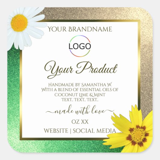 フローラ金ゴールドグリーングリッターホワイトプロダクトラベルロゴ スクエアシール (正面)