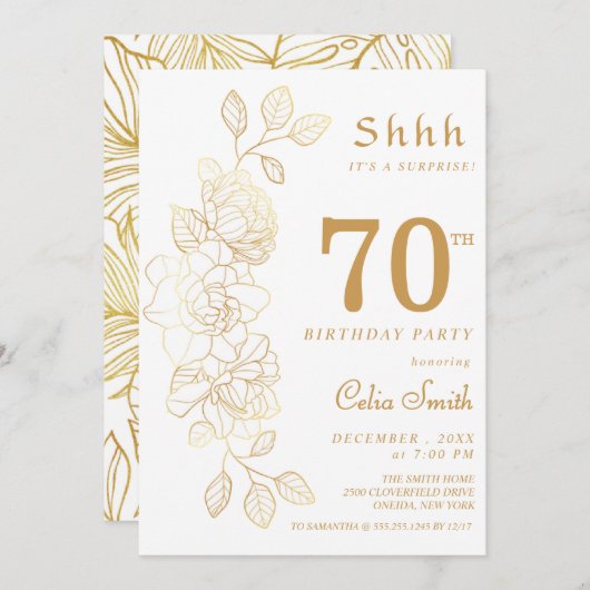 フローラ金ゴールドサプライズ70誕生日 招待状 (正面/裏面)