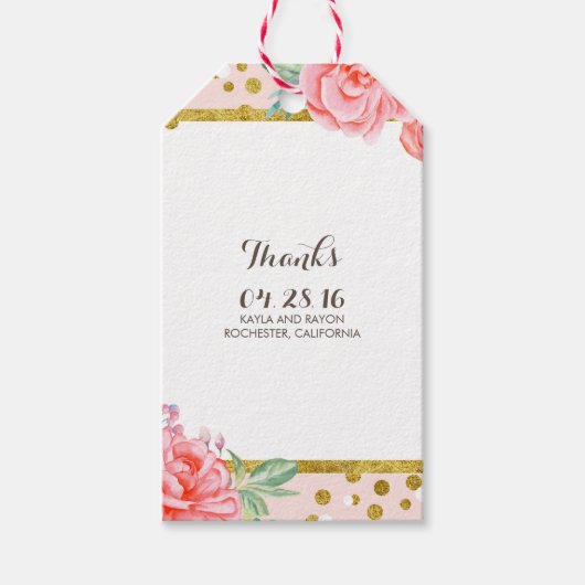 フローラ金ゴールドストライプと水色ピンク結婚ズ ギフトタグ (正面)