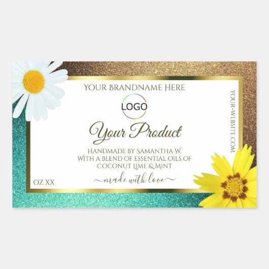 フローラ金ゴールドティール(緑がかった色)グリッターホワイトプロダクトラベルロゴ 長方形シール (正面)