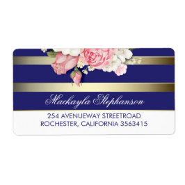 フローラ金ゴールドネイビーとホワイトストライプ結婚ズ ラベル