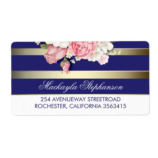 フローラ金ゴールドネイビーとホワイトストライプ結婚ズ ラベル (正面)