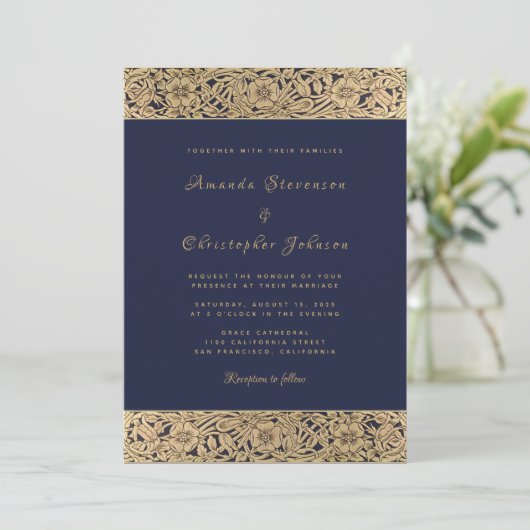 フローラ金ゴールドネイビーブルーヴィンエレガントテージウェディング 招待状 (スタンド正面)