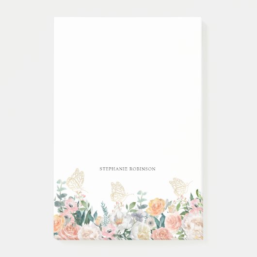 フローラ金ゴールドバタフライモノグラムパーソナライズされた ポストイット (正面)