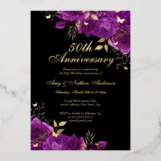 フローラ金ゴールドパープル結婚50周年 箔招待状 (正面)