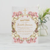 フローラ金ゴールドピンクの蘭の大理石幾何学的バプテスマ 招待状 (スタンド正面)