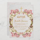 フローラ金ゴールドピンクの蘭の大理石幾何学的バプテスマ 招待状 (正面/裏面)