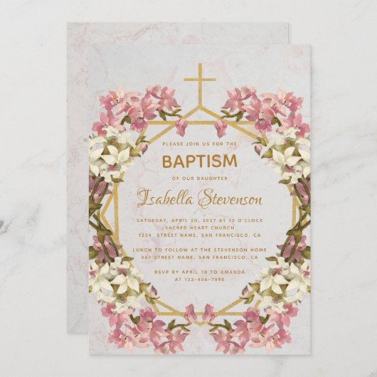 フローラ金ゴールドピンクの蘭の大理石幾何学的バプテスマ 招待状 (正面/裏面)