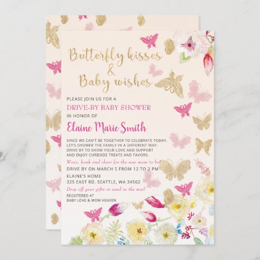 フローラ金ゴールドピンクの蝶が赤ちゃんシャワーでドライブ 招待状 (正面/裏面)