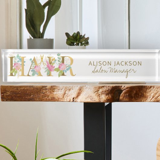 フローラ金ゴールドピンクタイポグラフィヘアサロンマネージャー デスクネームプレート