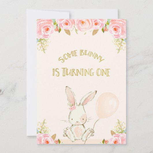 フローラ金ゴールドピンクバニーピンクバルーン1st誕生日 招待状 (裏面)