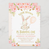 フローラ金ゴールドピンクバニーピンクバルーン1st誕生日 招待状 (正面/裏面)