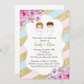 フローラ金ゴールドピンクブルーツインズバプティスマ招待状 招待状 (正面/裏面)