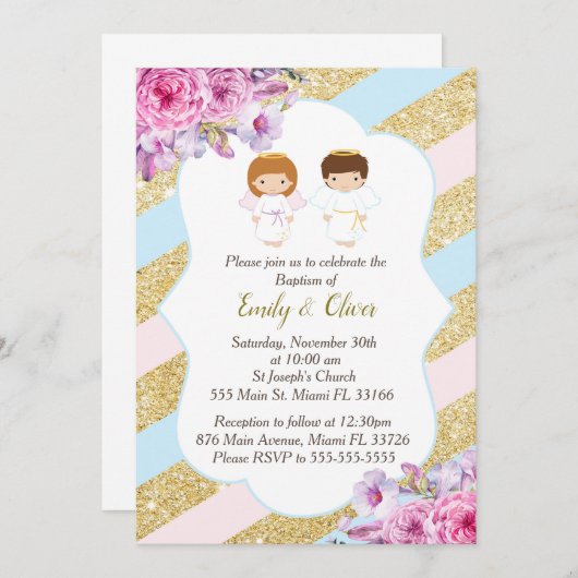 フローラ金ゴールドピンクブルーツインズバプティスマ招待状 招待状 (正面/裏面)