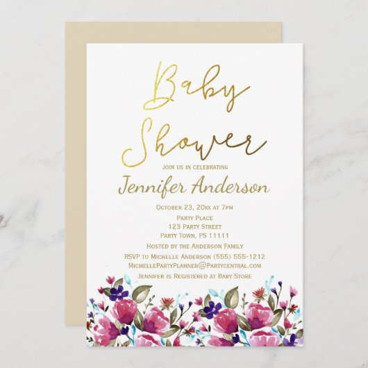 フローラ金ゴールドピンクローズ水彩ベビーシャワー 招待状 (正面/裏面)