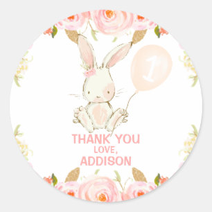 フローラ金ゴールドピンクBunny Pink Balloon 1st Birthday ラウンドシール