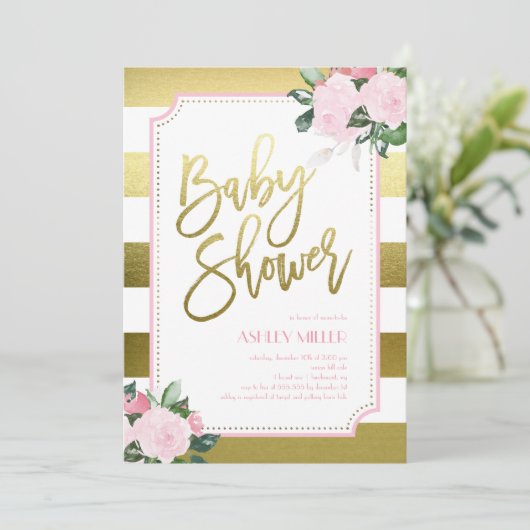 フローラ金ゴールドフェイク箔|ベビーシャワー 招待状 (スタンド正面)