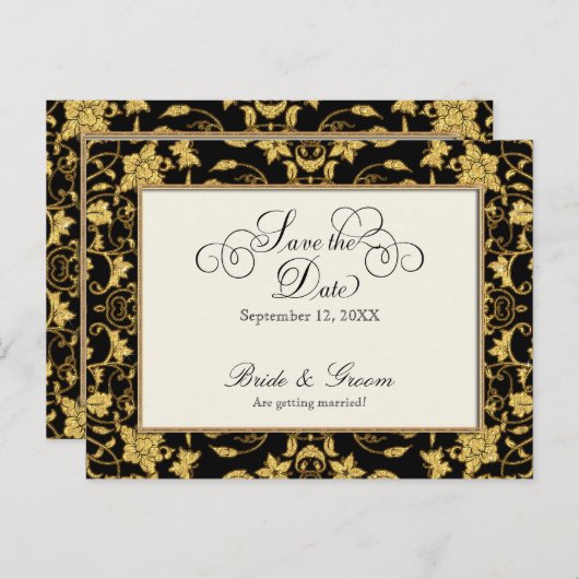 フローラ金ゴールドフォーマルブラックウェディング日付の保存 案内ポストカード (正面/裏面)