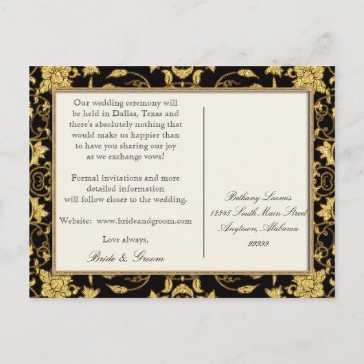 フローラ金ゴールドフォーマルブラックウェディング日付の保存 案内ポストカード (裏面)
