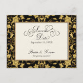 フローラ金ゴールドフォーマルブラックウェディング日付の保存 案内ポストカード (正面)