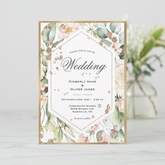 フローラ金ゴールドフレーム水結婚色 招待状 (スタンド正面)