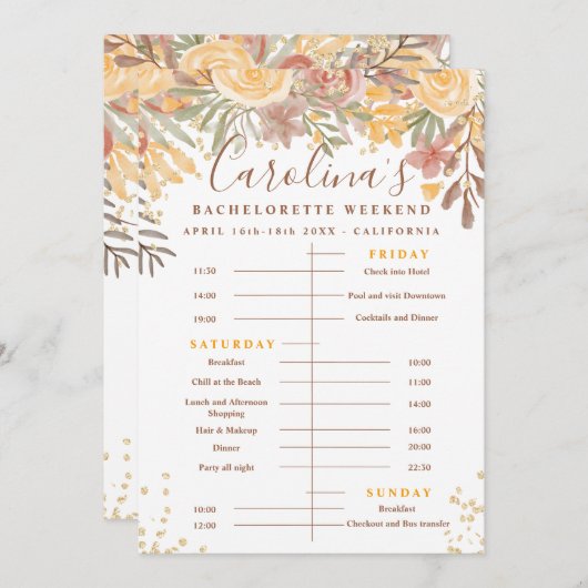 フローラ金ゴールドブラウンのタイムラインバチェロレッテ週末 招待状 (正面/裏面)