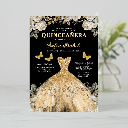フローラ金ゴールドブラックバタフライプリンセスキンセアニェラ 箔招待状 (立ち正面)