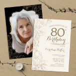 フローラ金ゴールドブラックフォト80th誕生日パーティー 招待状<br><div class="desc">フローラブラック金ゴールド写真80th Birthday Party Invitation.ボタニカルモダンアウトラインスケッチのアクセントとタイポグラフィスクリプトフォントを特徴とするミニマルデザイン。トレンディーシンプル招待状カードは女性の日スタイリッシュお祝いに最適。任意のカスタマイズ年齢にすることができる。印刷されたZazzle招待状または即時ダウンロードのデジタル印刷可能なテンプレート。</div>