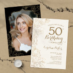 フローラ金ゴールドブラック写真50th誕生日パーティー 招待状<br><div class="desc">フローラブラック金ゴールド写真50th Birthday Party Invitation.ボタニカルモダンアウトラインスケッチのアクセントとタイポグラフィスクリプトフォントを特徴とするミニマルデザイン。トレンディーシンプル招待状カードは女性の日スタイリッシュお祝いに最適。任意のカスタマイズ年齢にすることができる。印刷されたZazzle招待状または即時ダウンロードのデジタル印刷可能なテンプレート。</div>