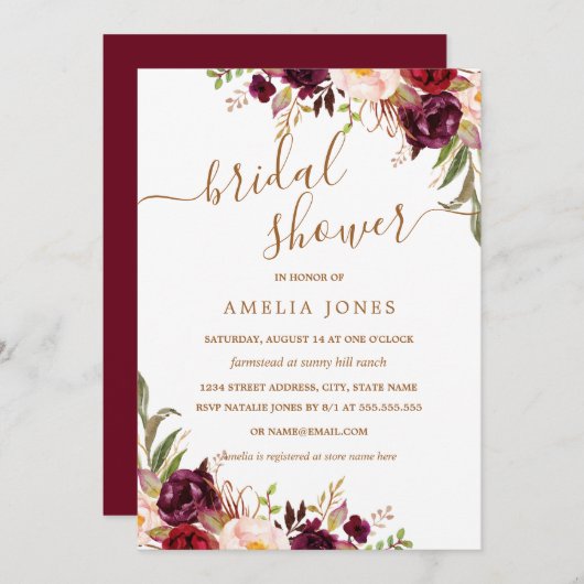 フローラ金ゴールドブルゴーニュ紙吹雪ブライダルシャワー 招待状 (正面/裏面)