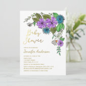 フローラ金ゴールドブルーパープルウォーター色ベビーシャワー 招待状 (スタンド正面)