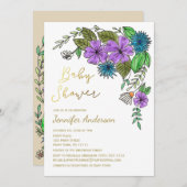 フローラ金ゴールドブルーパープルウォーター色ベビーシャワー 招待状 (正面/裏面)