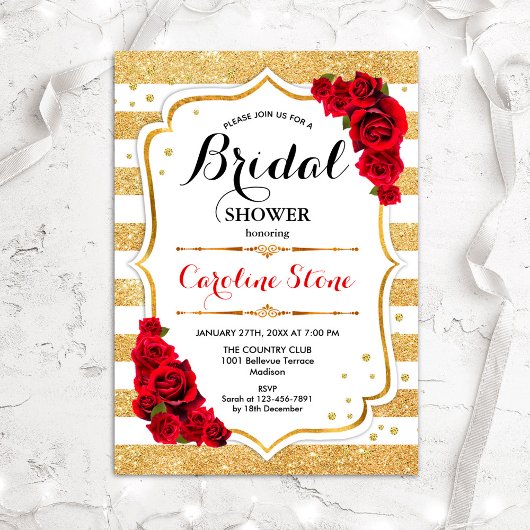 フローラ金ゴールドホワイトストライプブライダルシャワー 招待状