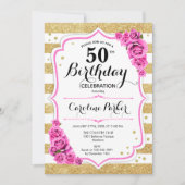 フローラ金ゴールドホワイトピンク写真50誕生日 招待状 (正面)
