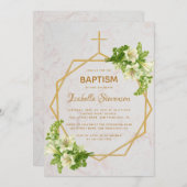 フローラ金ゴールドホワイトリリー大理石幾何学洗礼 招待状 (正面/裏面)
